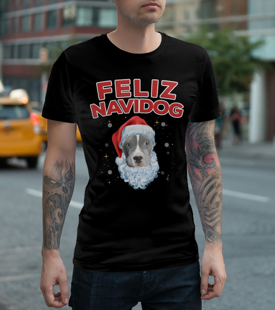 Feliz Navidog Christmas Pitbull with Santa Hat and Beard T-Shirt