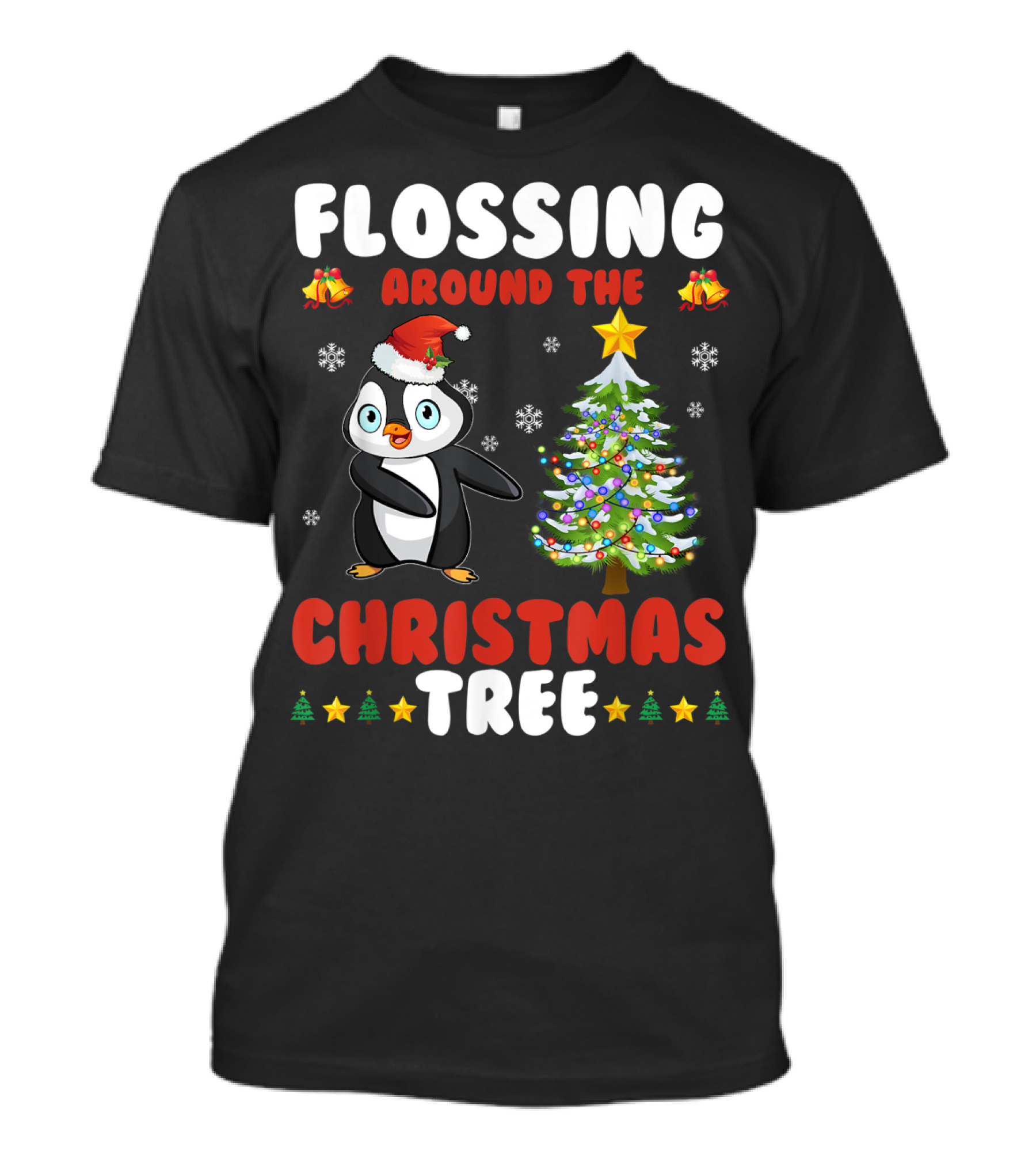 Flossing Around The Christmas Tree Penguin Santa Hat Bells Snowflakes T-Shirt