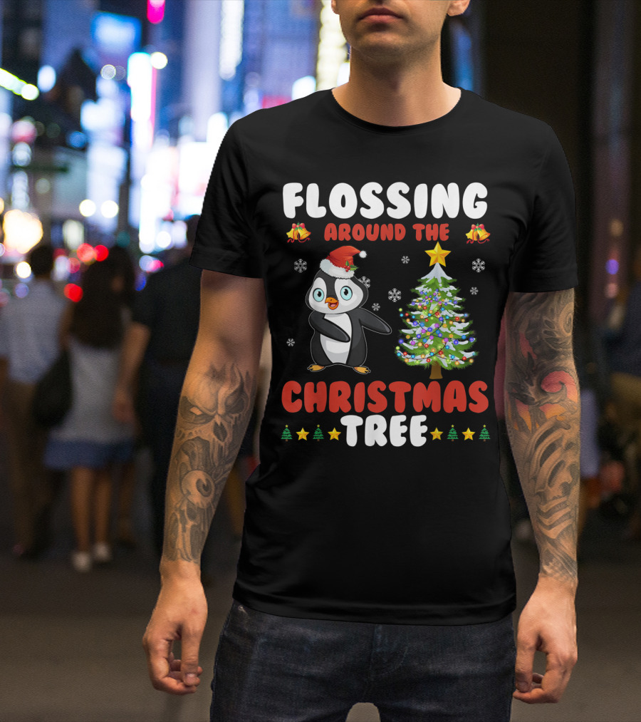 Flossing Around The Christmas Tree Penguin Santa Hat Bells Snowflakes T-Shirt