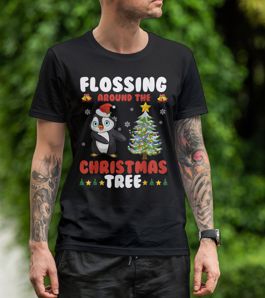 Flossing Around The Christmas Tree Penguin Santa Hat Bells Snowflakes T-Shirt