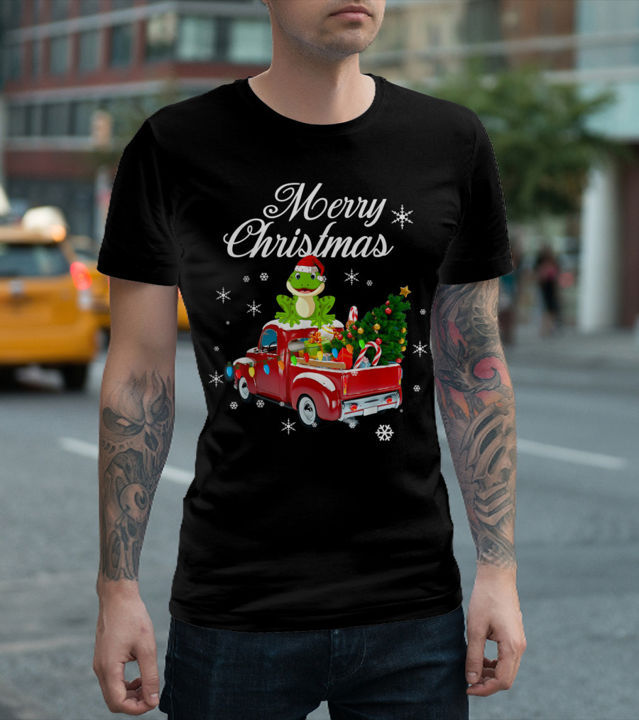 Merry Christmas Frog with Gifts in Red Truck with Tree and Snowflakes T-Shirt