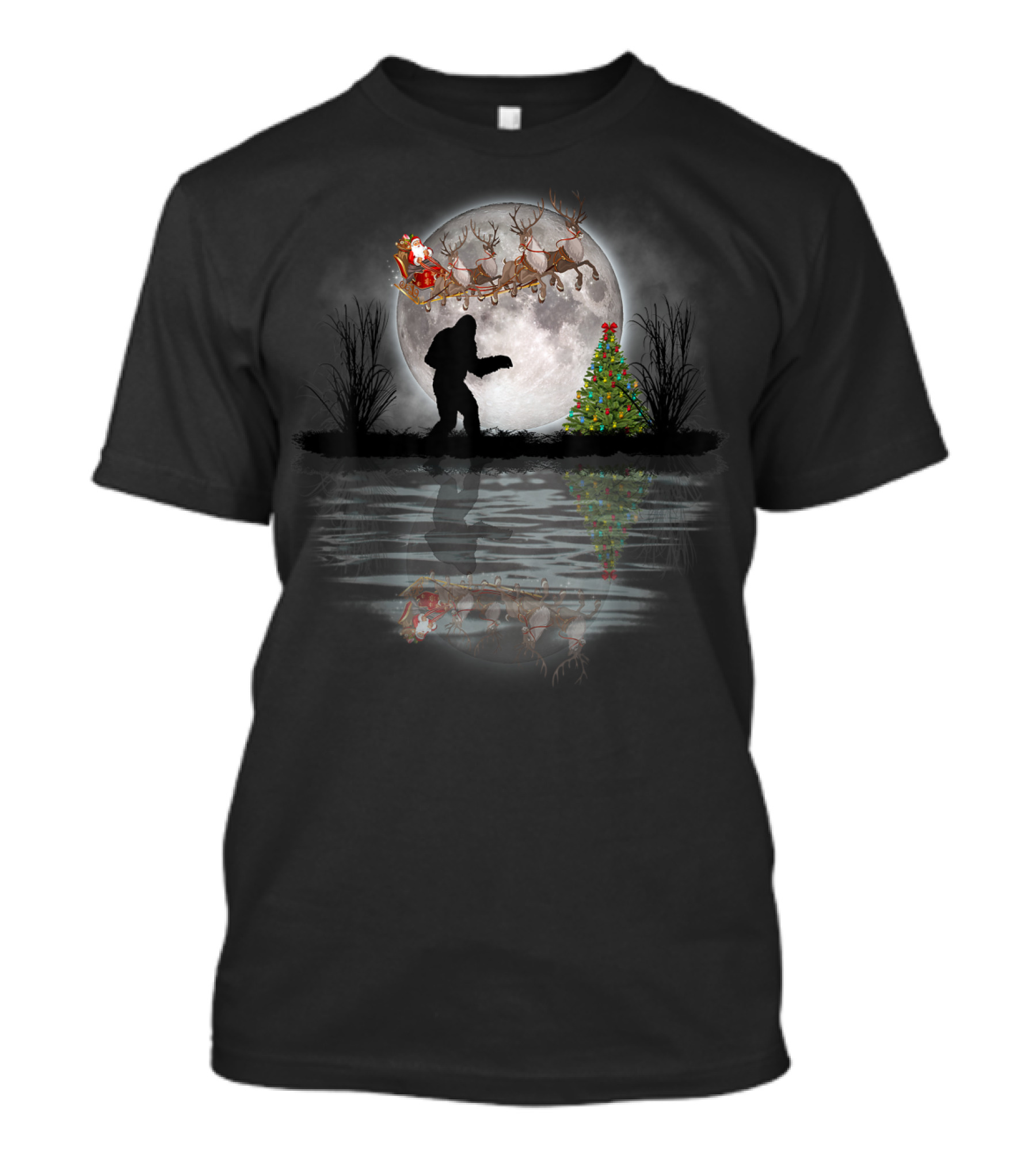 Bigfoot Santa Sleigh Reindeer Christmas Moon Scene T-Shirt