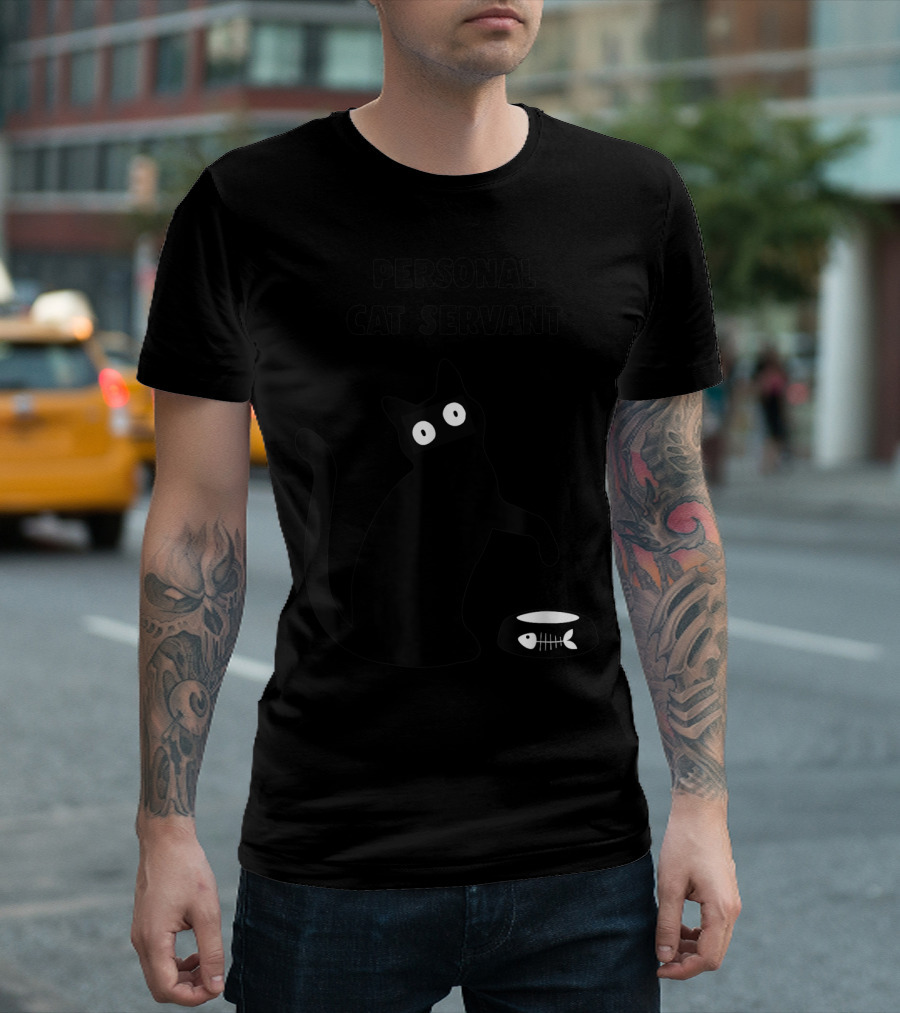 Funny Black Cat Personal Cat Servant With Fish Bowl T-Shirt