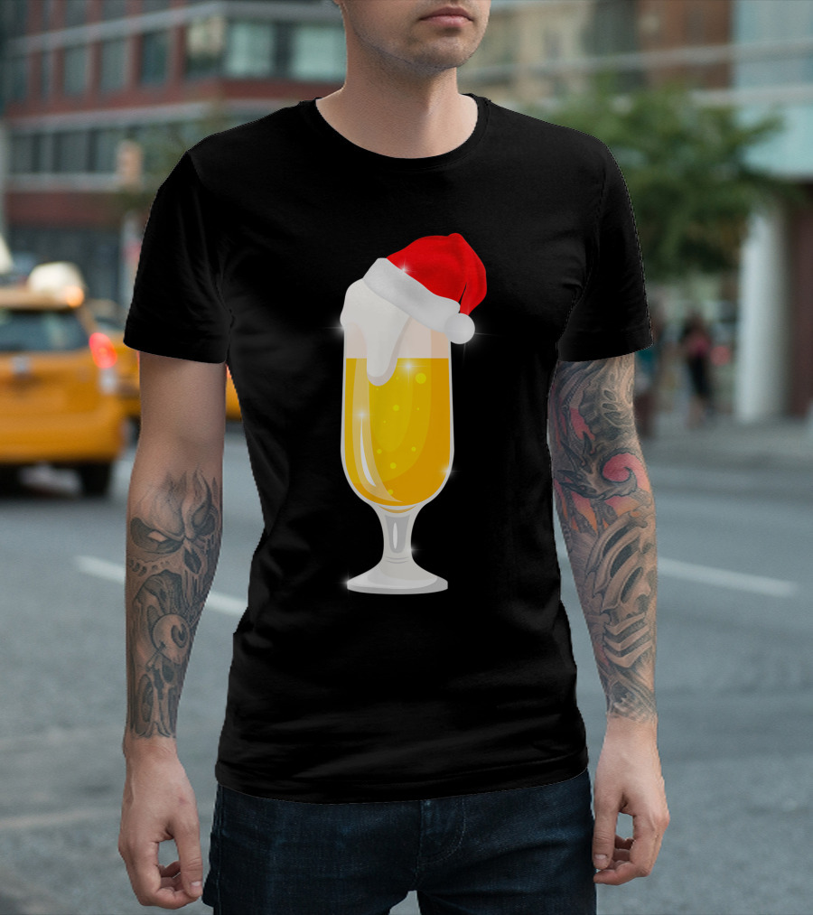 Santa Hat Beer Glass Funny Cool Christmas Drink T-Shirt