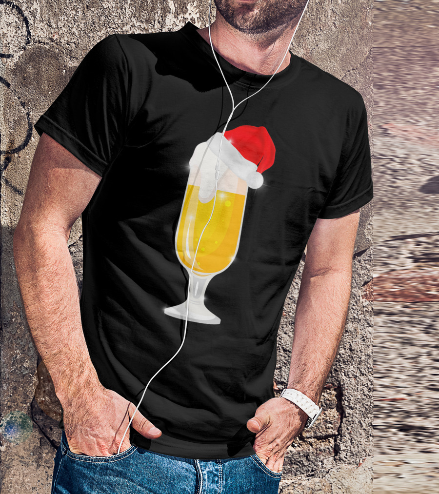 Santa Hat Beer Glass Funny Cool Christmas Drink T-Shirt