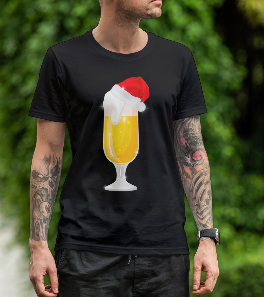Santa Hat Beer Glass Funny Cool Christmas Drink T-Shirt