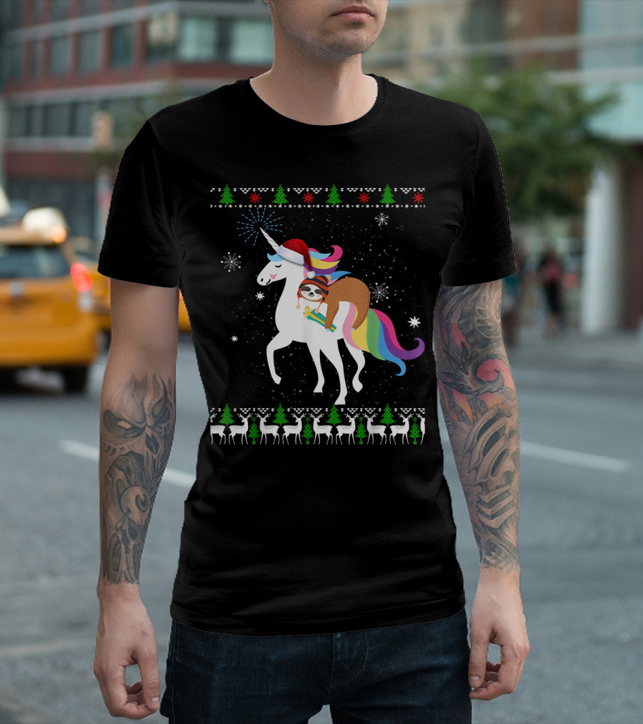 Funny Christmas Unicorn Santa Hat Sloth Riding Rainbow Mane T-Shirt
