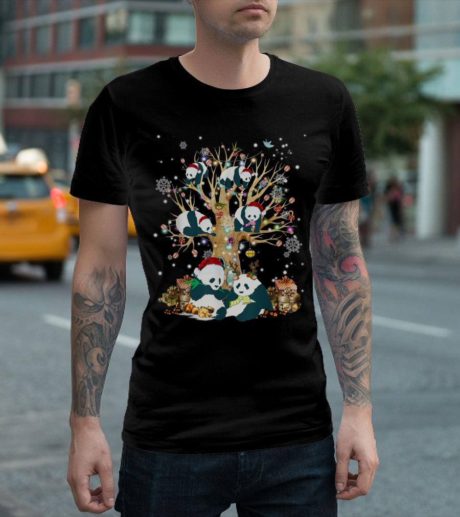 Pandas with Santa Hats and Christmas Tree Ornaments Holiday Scene T-Shirt