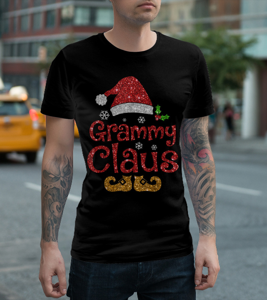Grammy Claus Santa Hat Snowflakes Holly Elf Shoes T-Shirt