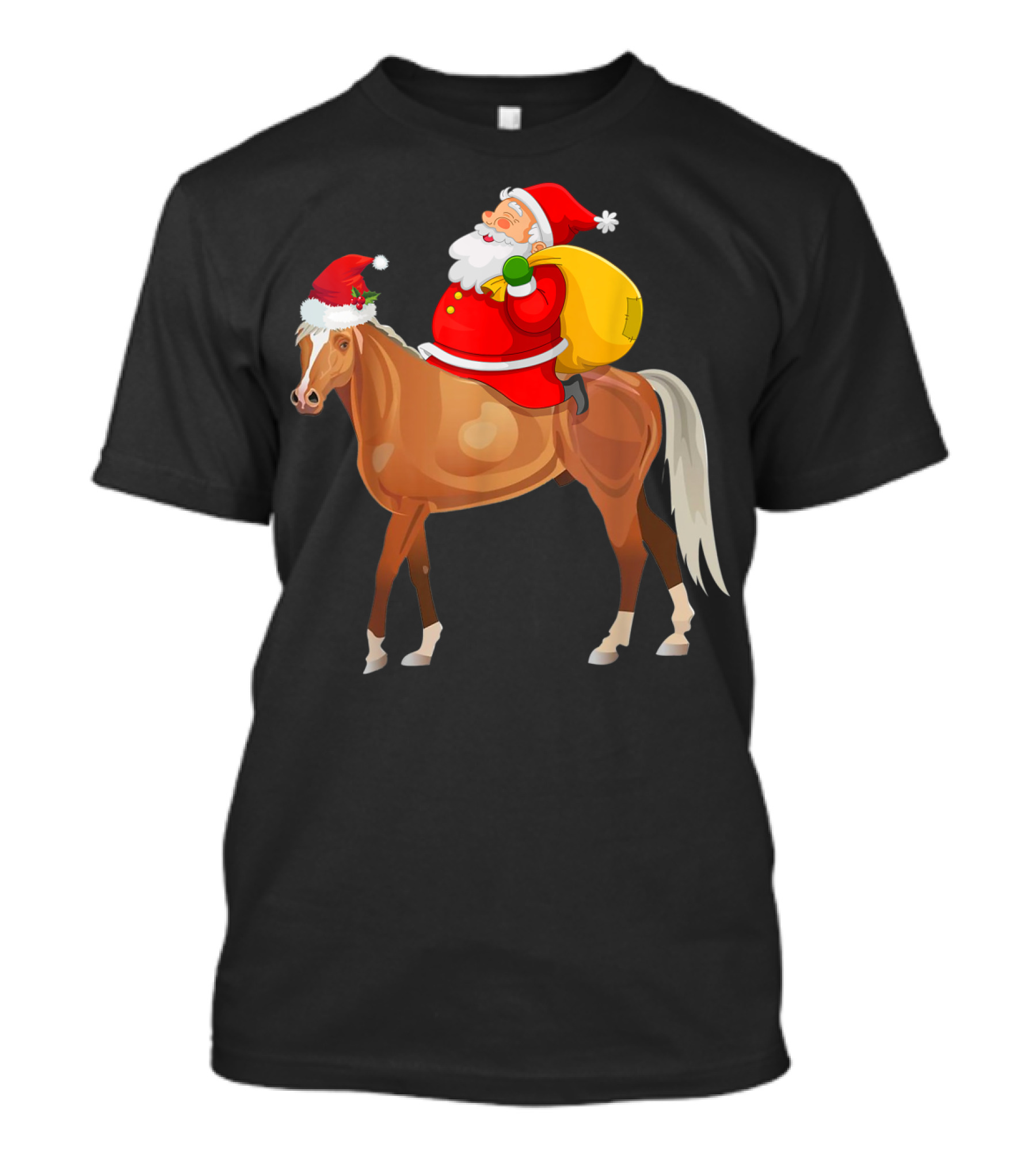Funny Santa With Sack Riding Santa Hat Horse T-Shirt