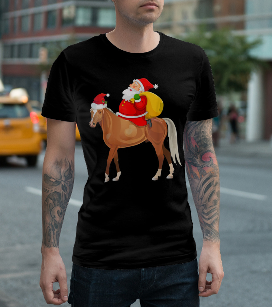 Funny Santa With Sack Riding Santa Hat Horse T-Shirt
