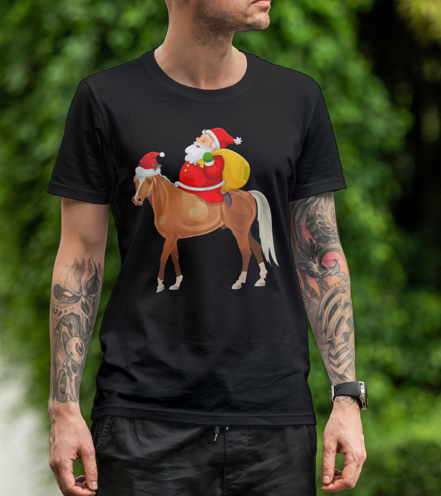 Funny Santa With Sack Riding Santa Hat Horse T-Shirt