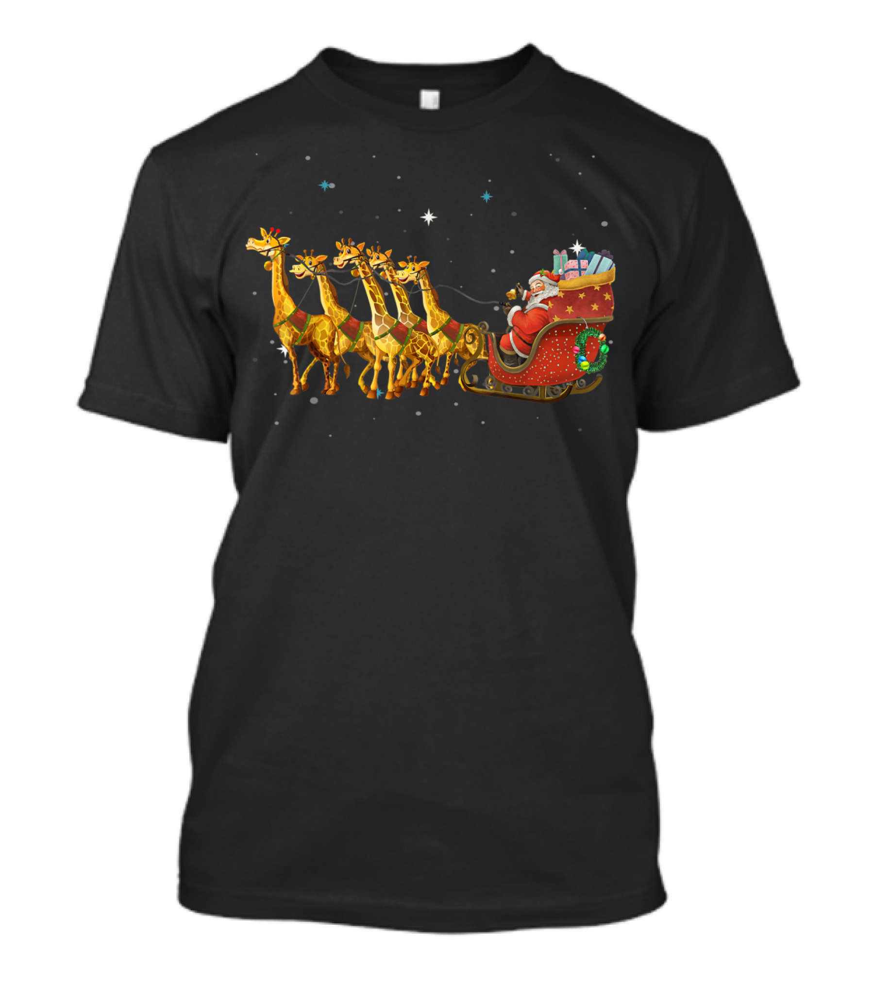 Santa's Sleigh Pulled By Giraffes In Starry Night T-Shirt