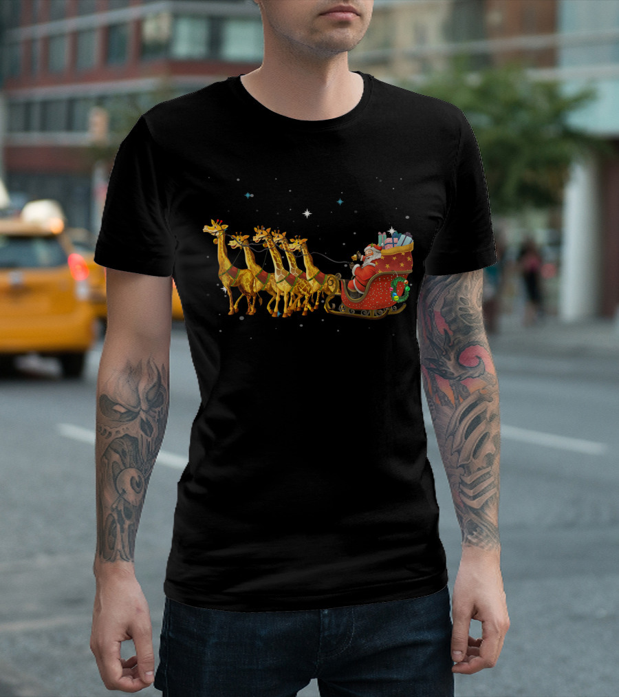 Santa's Sleigh Pulled By Giraffes In Starry Night T-Shirt