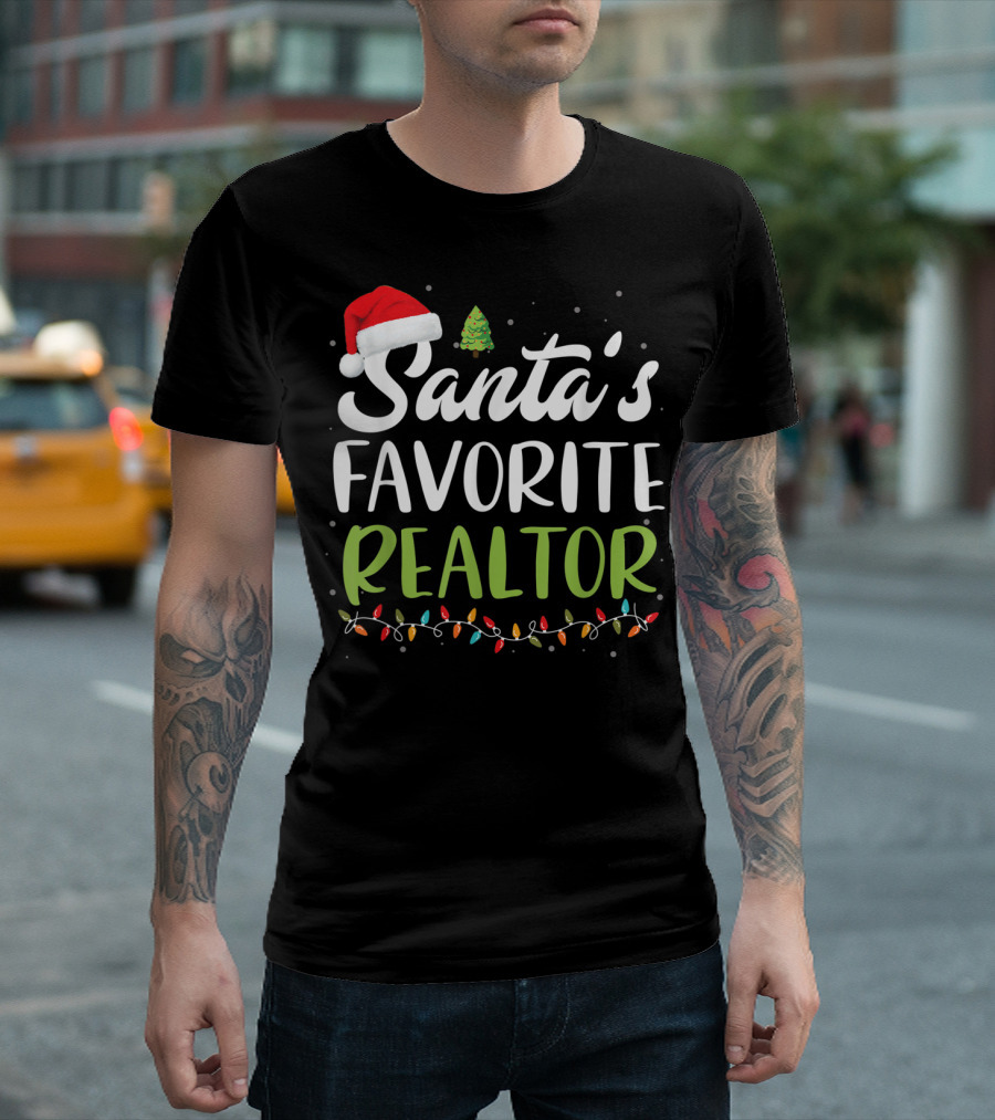 Santa's Favorite Realtor Christmas Lights Santa Hat Tree T-Shirt