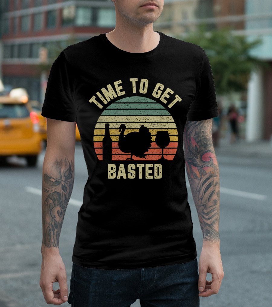 Time To Get Basted Turkey Thanksgiving Vintage Wine Bottle Glass T-Shirt