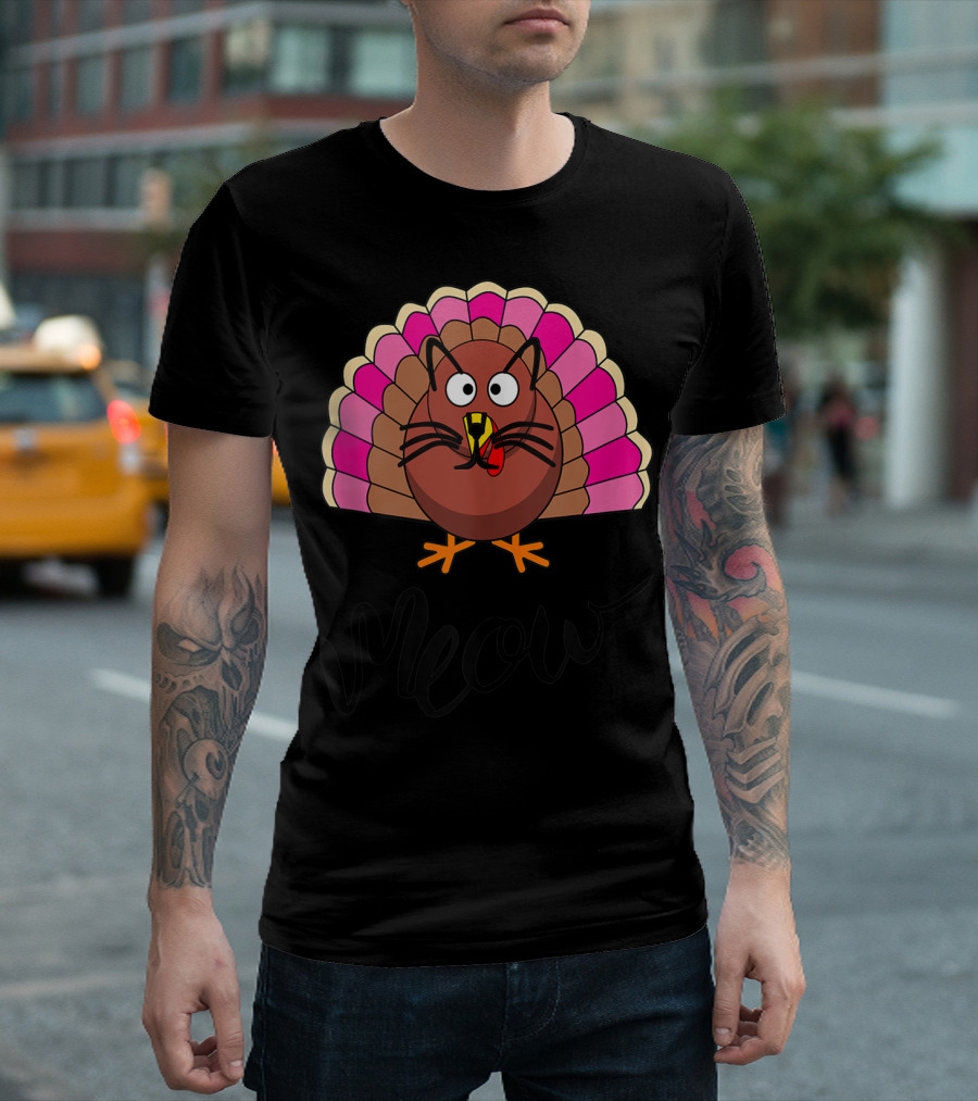 Meow Thanksgiving Turkey Cat Funny Vegetarian Vegan T-Shirt