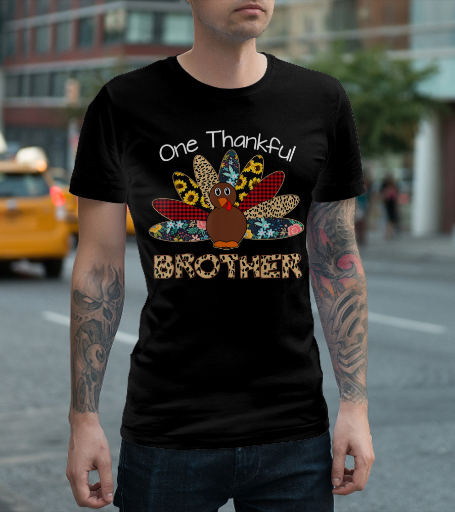 One Thankful Brother Funny Turkey Graphics with Patterned Feathers T-Shirt