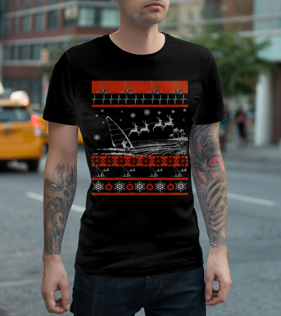Funny Windsurfing Reindeer Snowflake Palms Holiday T-Shirt