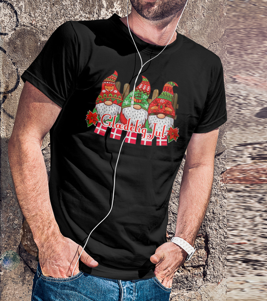 Glaedelig Jul Danish Merry Christmas Gnomes With Flags T-Shirt