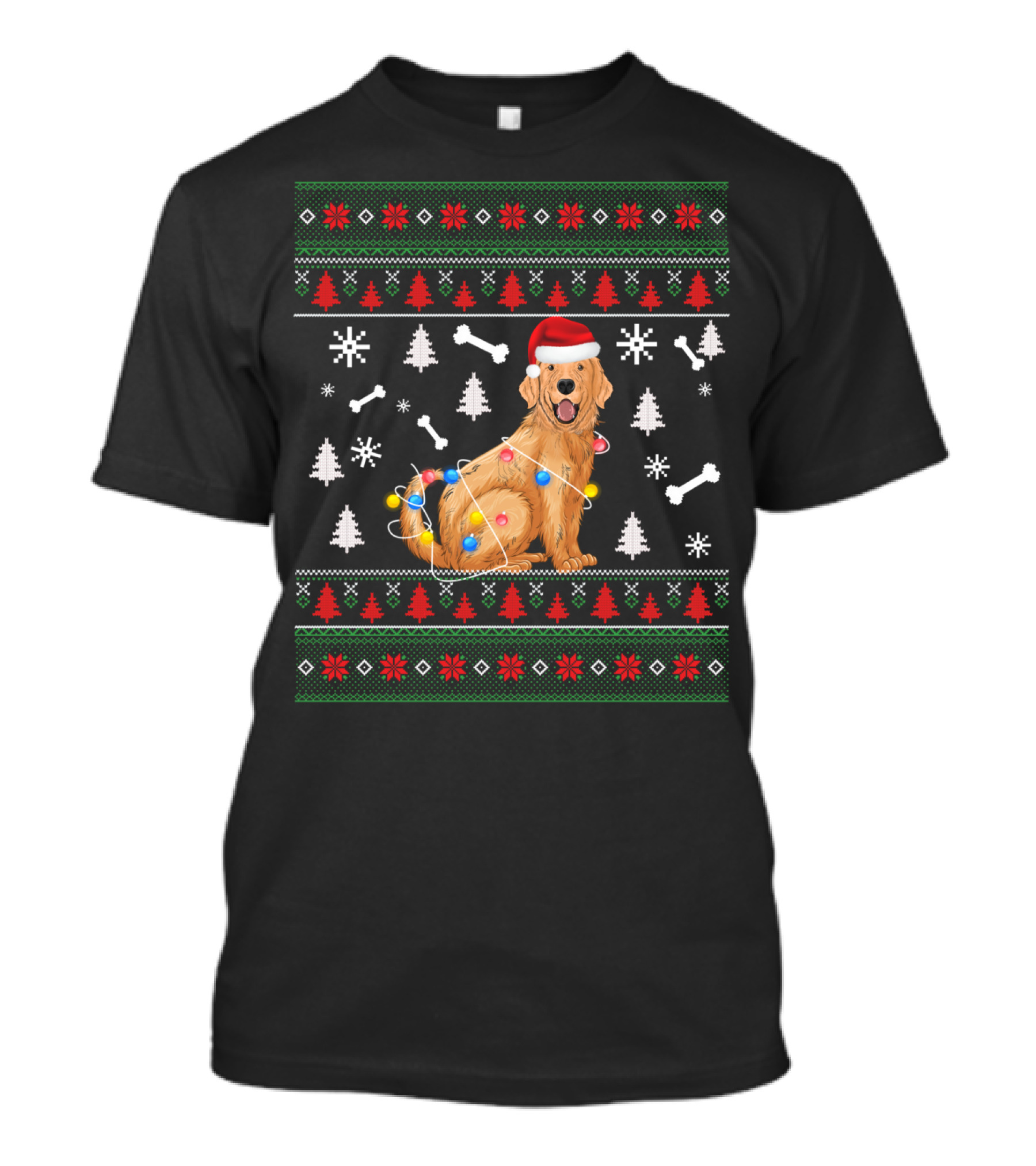 Golden Retriever Santa Hat Christmas Lights Ugly T-Shirt
