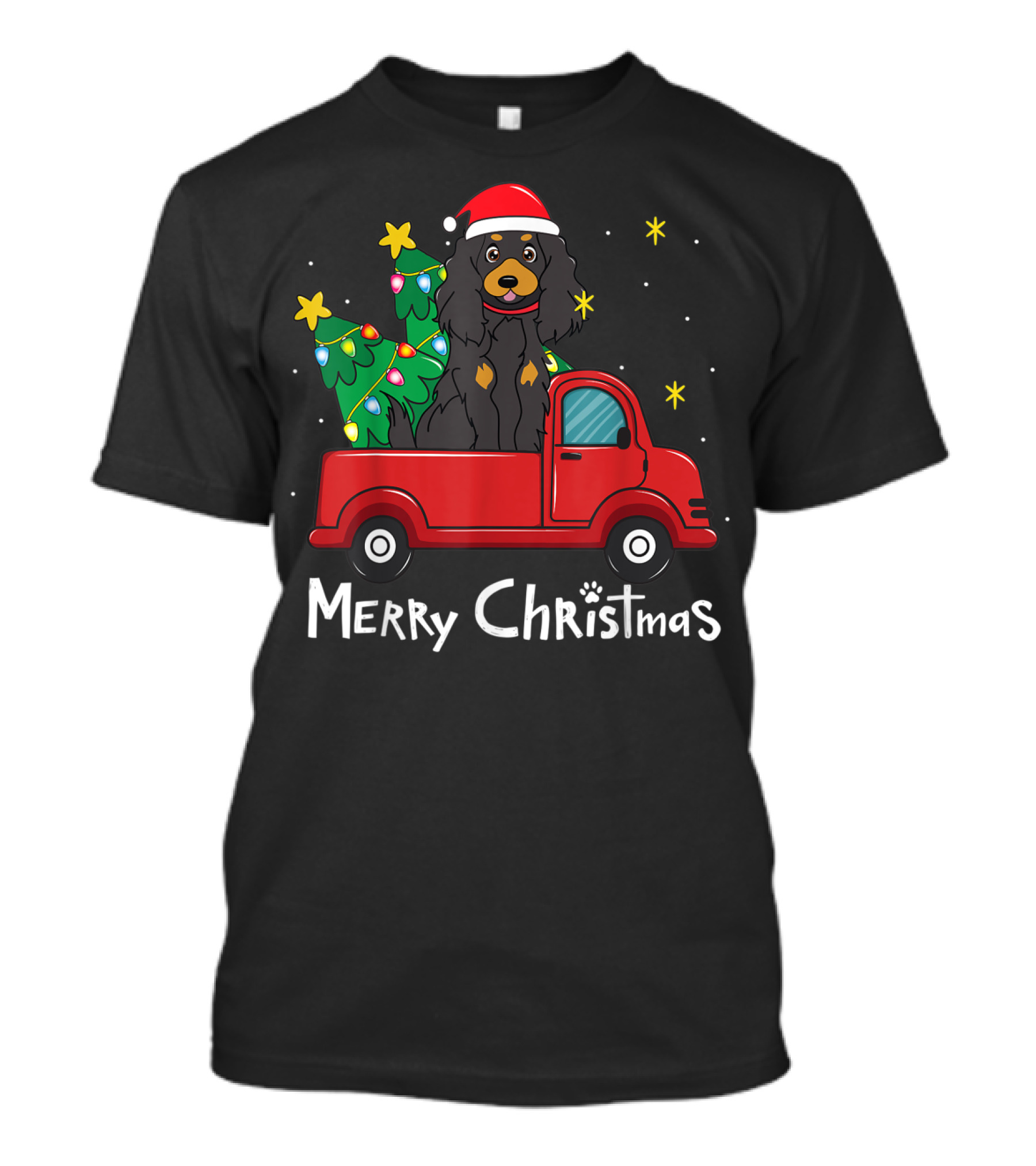 Gordon Setter Merry Christmas Santa Hat Red Truck Tree T-Shirt
