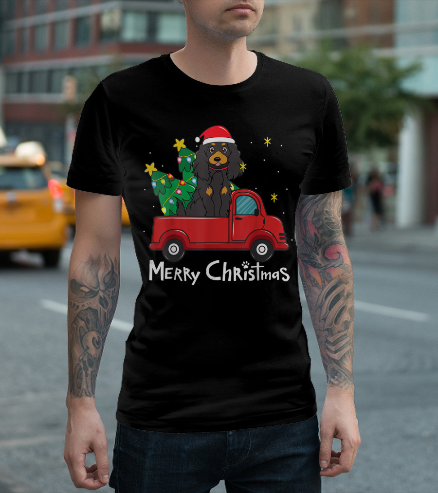 Gordon Setter Merry Christmas Santa Hat Red Truck Tree T-Shirt