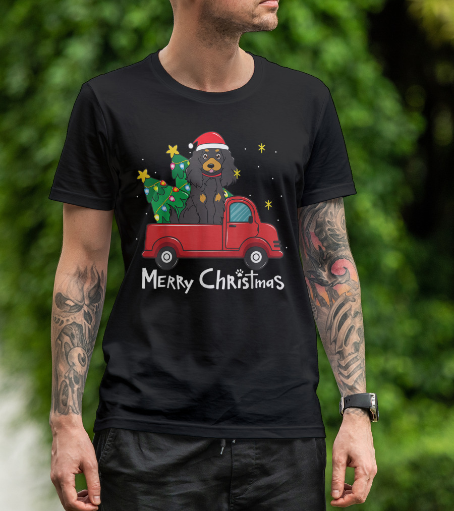 Gordon Setter Merry Christmas Santa Hat Red Truck Tree T-Shirt