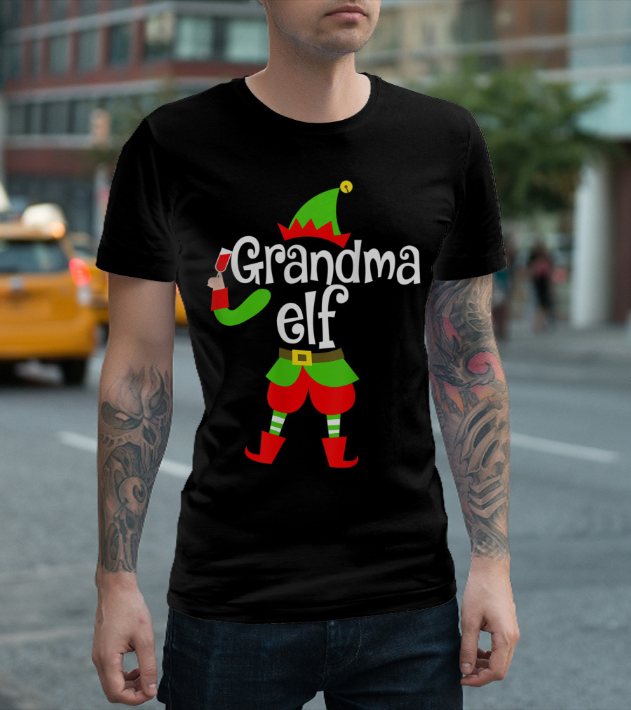 Grandma Elf Holding Wine Glass Festive T-Shirt