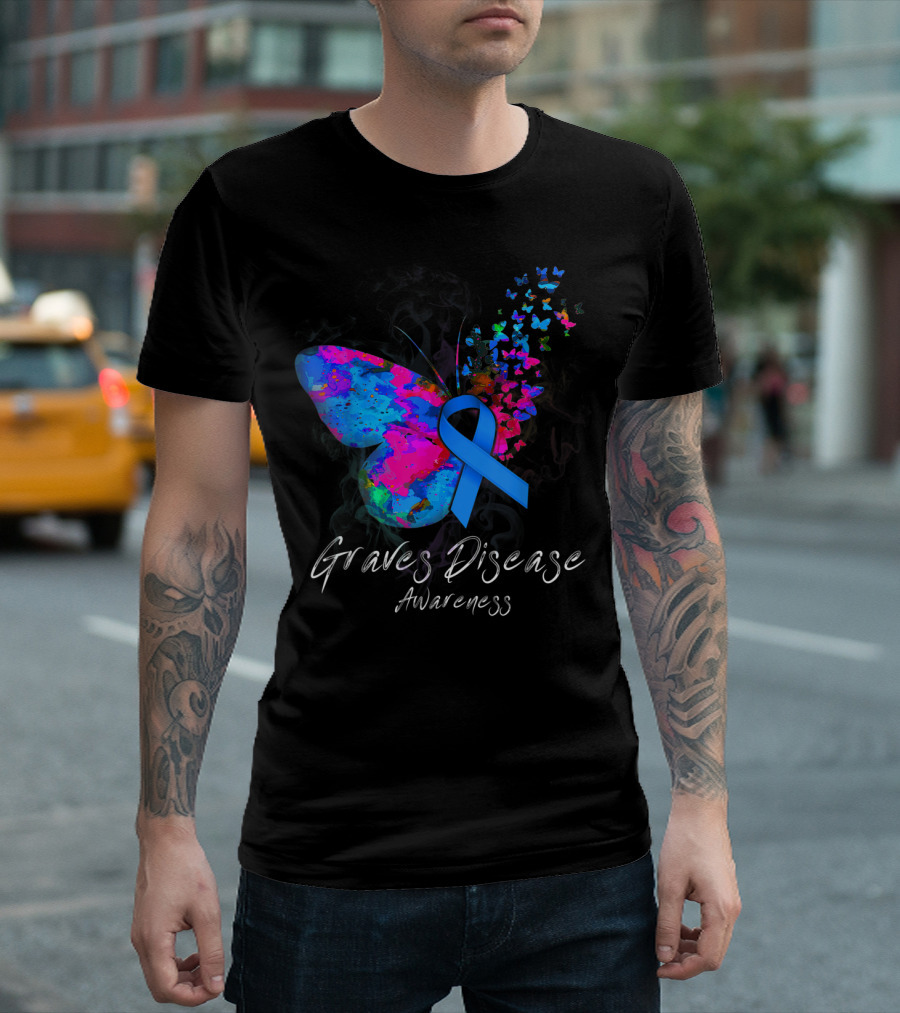 Graves Disease Awareness Butterfly Ribbon Light Blue Vibrant Colors T-Shirt