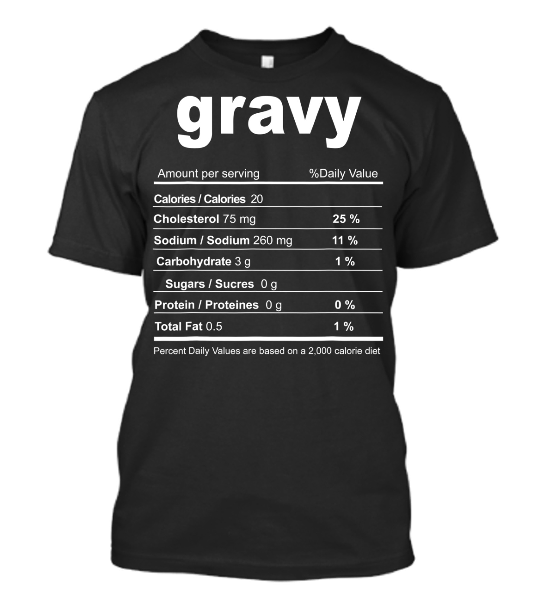 Gravy Nutrition Facts Funny Christmas Calories Cholesterol Sodium Carbohydrate Sugars Protein Fat T-Shirt