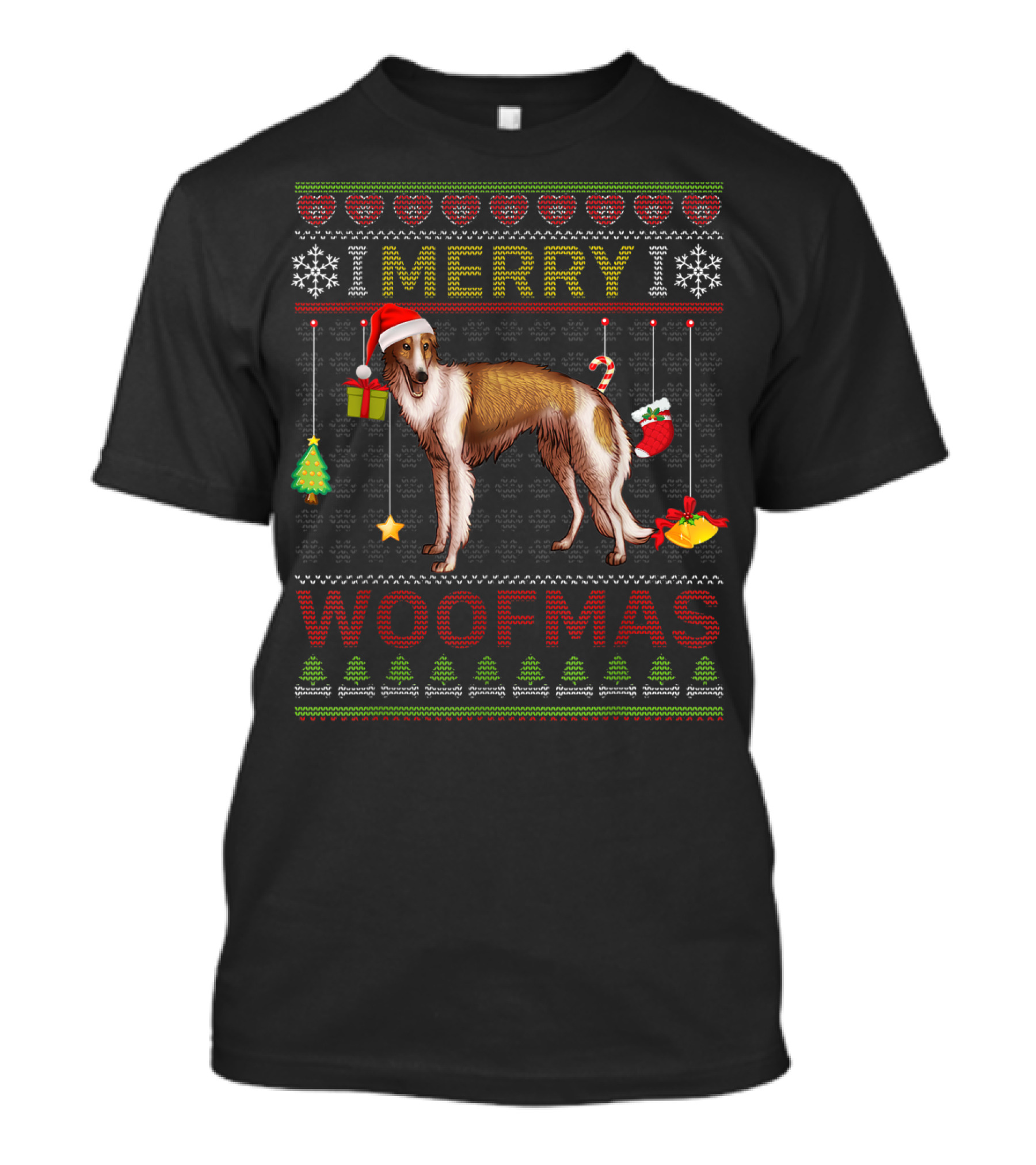 Merry Woofmas Borzoi Christmas Sweater Holiday Dog Santa Hat T-Shirt