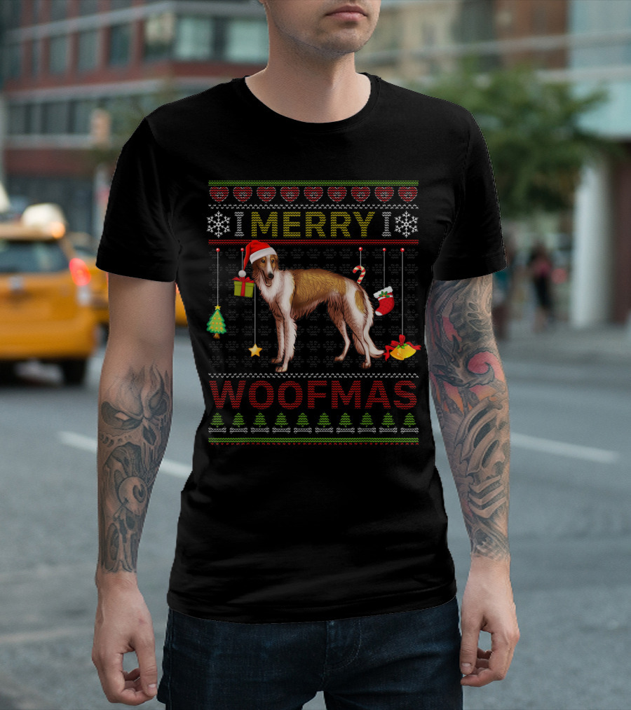 Merry Woofmas Borzoi Christmas Sweater Holiday Dog Santa Hat T-Shirt