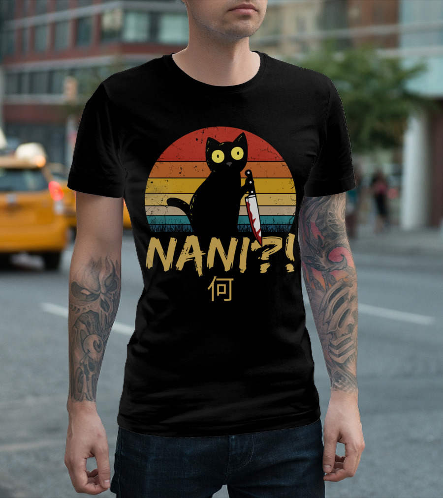 Nani? Retro Sunset Black Cat with Knife Japanese Text T-Shirt