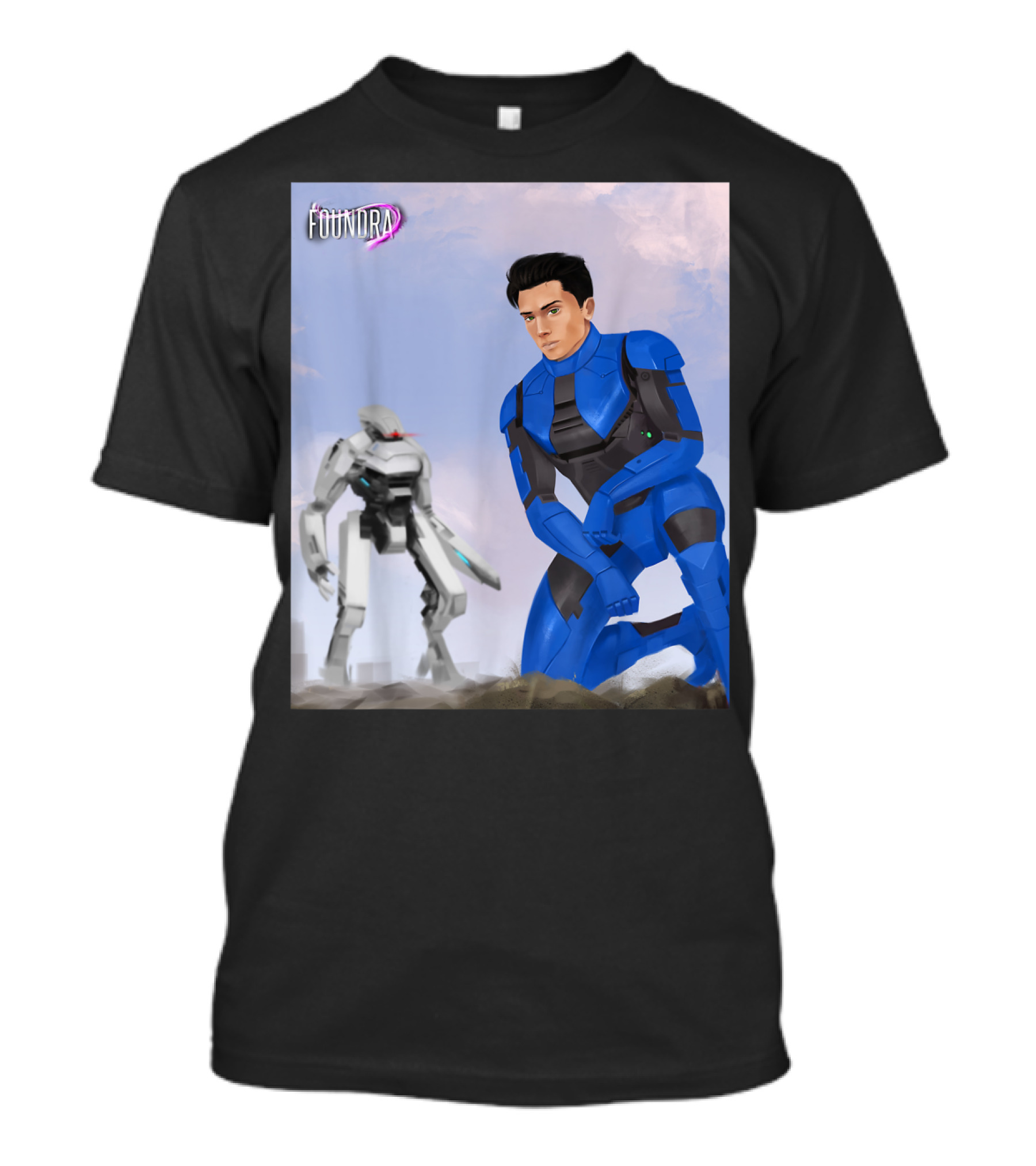 Foundra Neven In Blue Power Armor Kneeling With Mech In Background T-Shirt