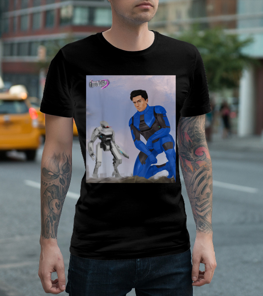Foundra Neven In Blue Power Armor Kneeling With Mech In Background T-Shirt