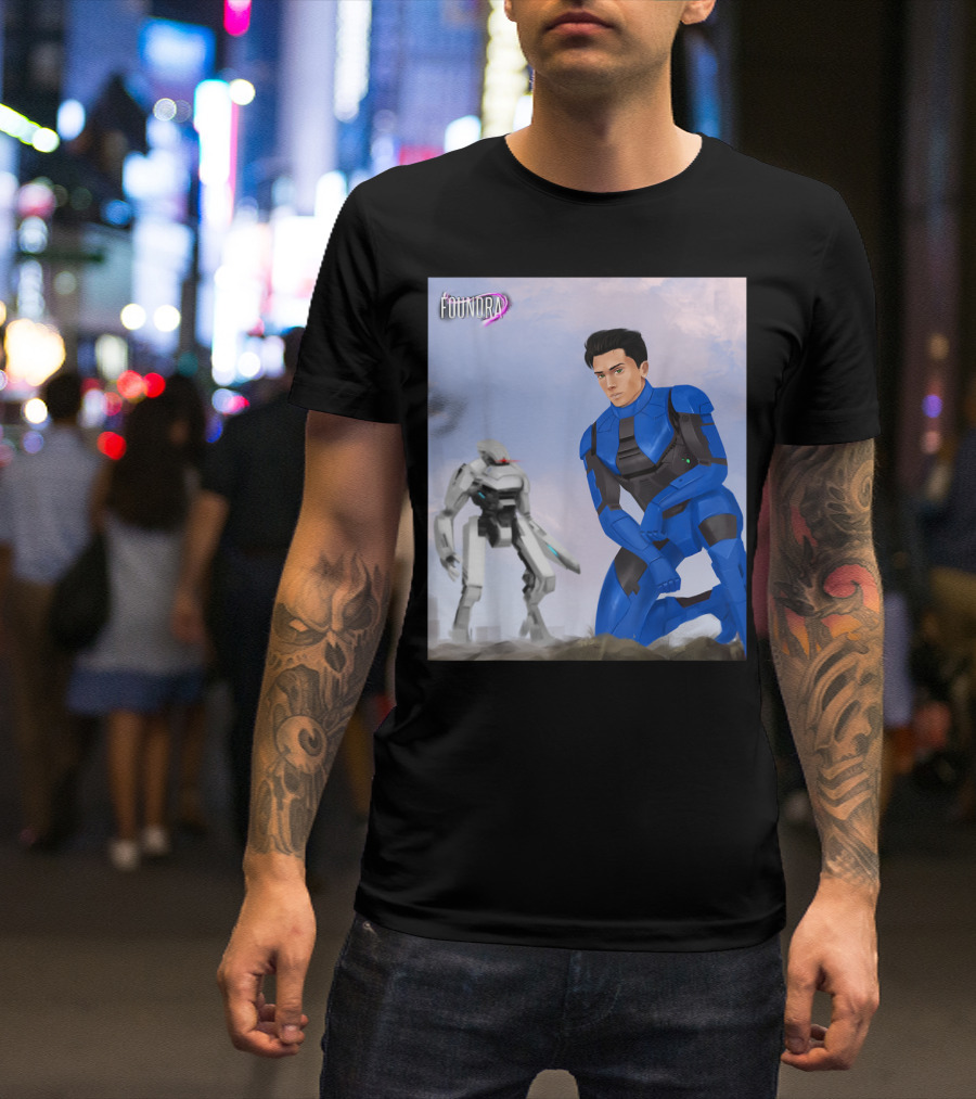 Foundra Neven In Blue Power Armor Kneeling With Mech In Background T-Shirt