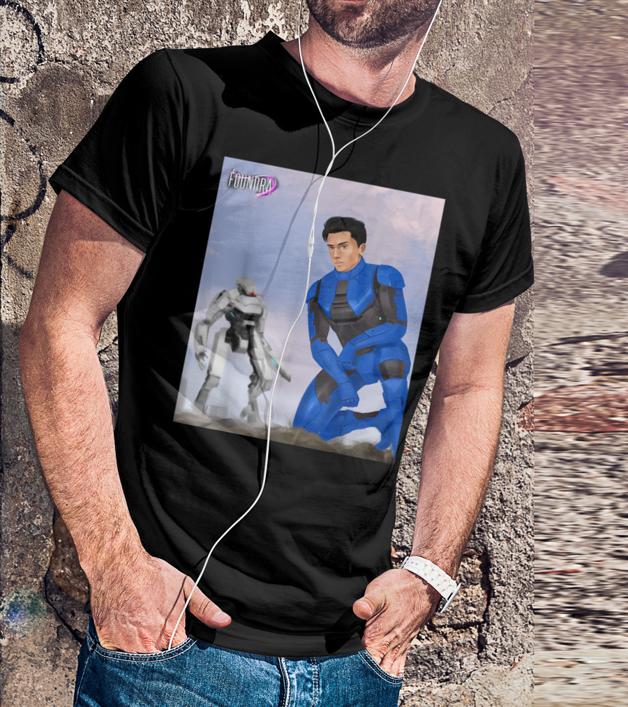Foundra Neven In Blue Power Armor Kneeling With Mech In Background T-Shirt