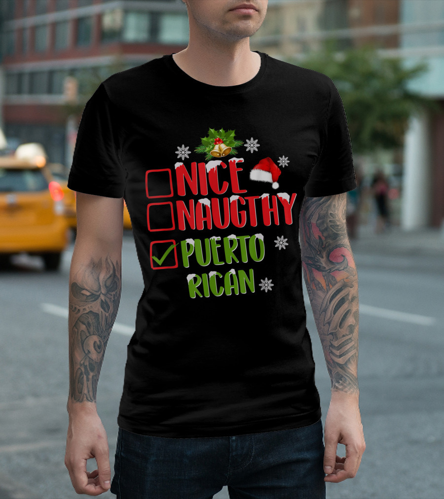 Nice Naughty Puerto Rican Christmas Checkboxes Santa Hat Snowflakes T-Shirt