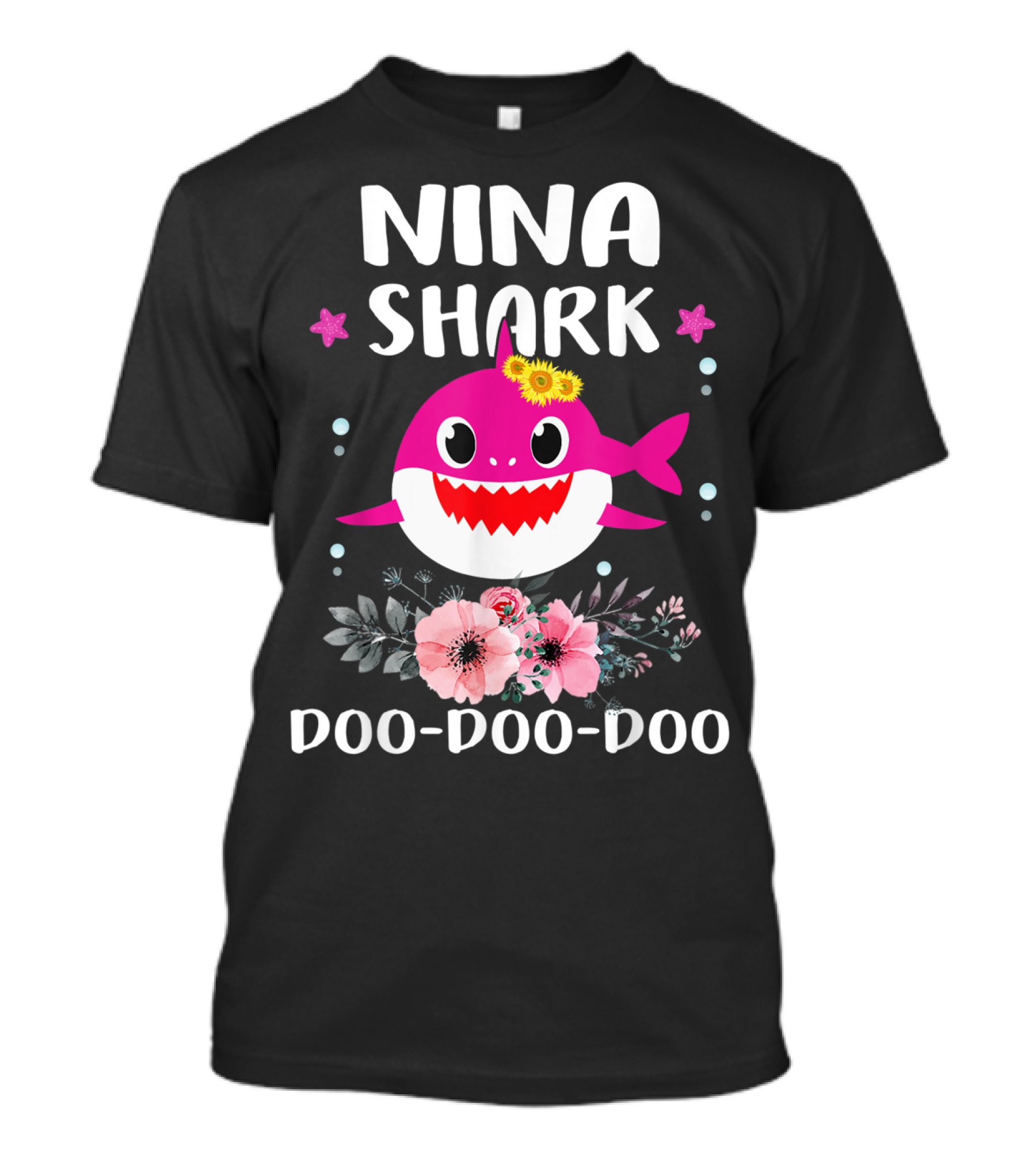 Nina Shark Doo Doo Doo Pink Shark With Flowers And Stars T-Shirt