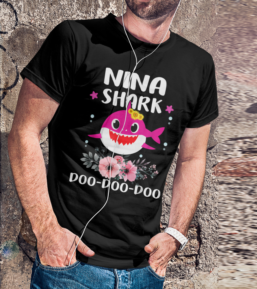 Nina Shark Doo Doo Doo Pink Shark With Flowers And Stars T-Shirt