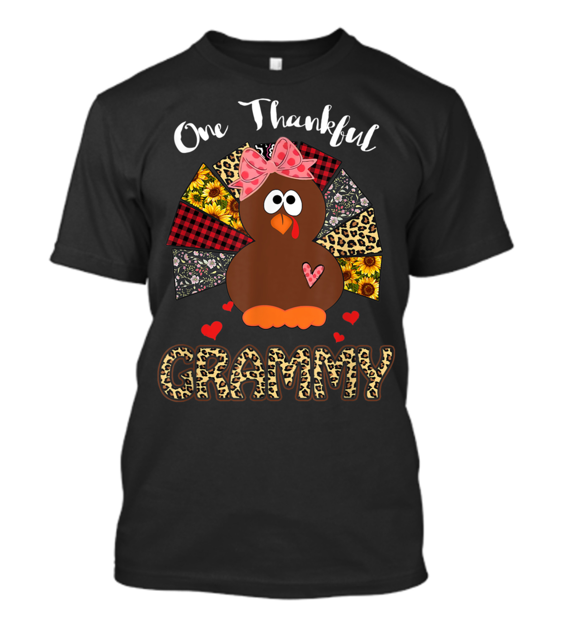 One Thankful Grammy Leopard Print Turkey With Bow And Hearts T-Shirt