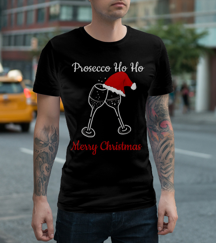 Prosecco Ho Ho Merry Christmas Santa Hat Glasses T-Shirt