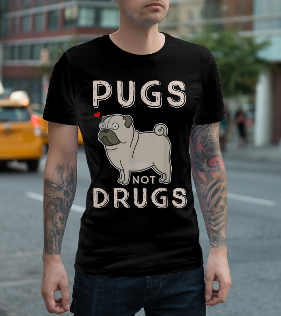 Pugs Not Drugs Cute Cartoon Pug with Heart T-Shirt