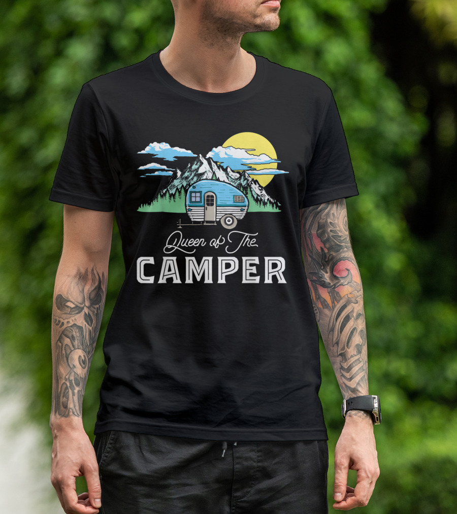 Queen Of The Camper RV With Mountain Sunset Background T-Shirt