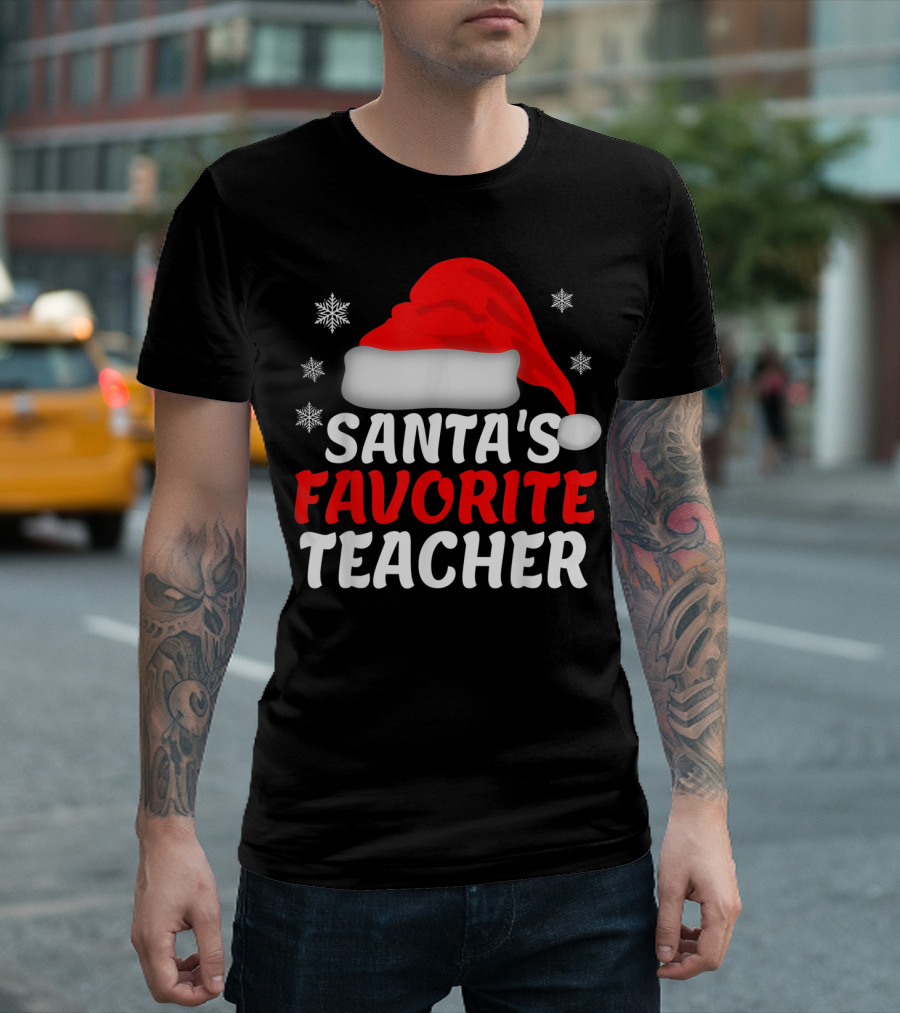 Santa's Favorite Teacher Christmas Santa Hat Snowflakes T-Shirt