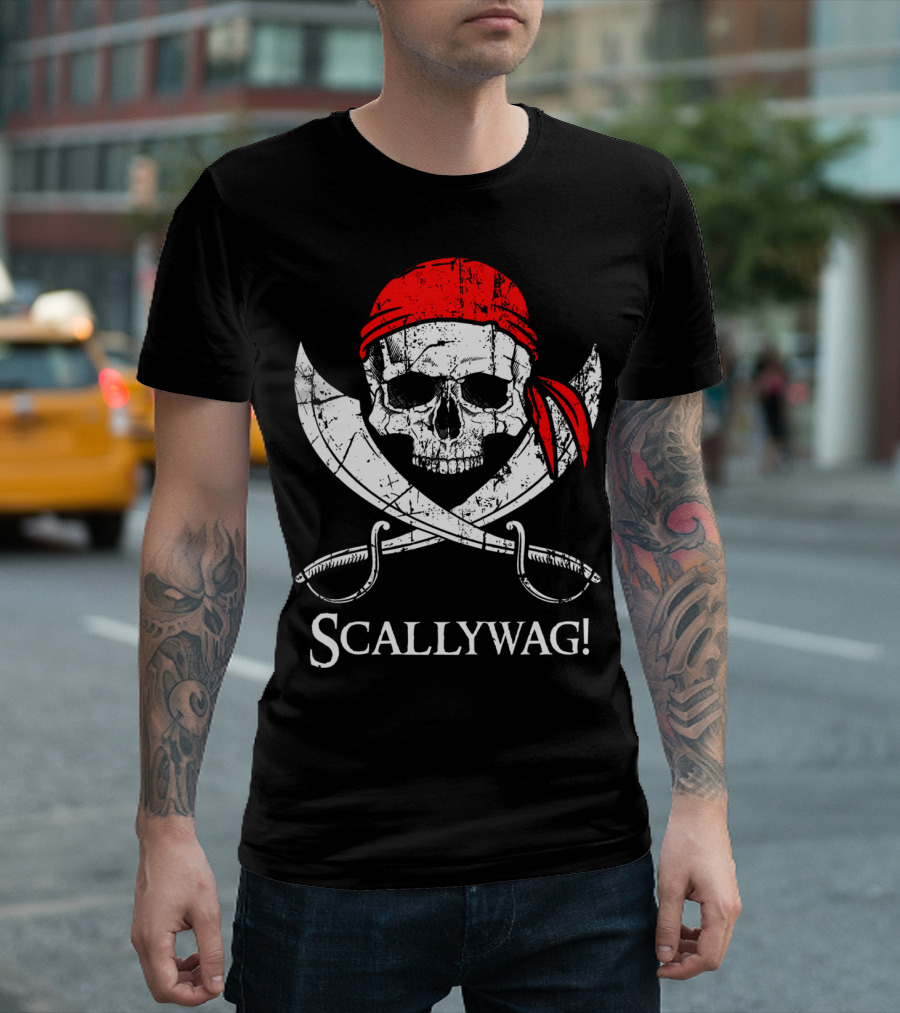 Scallywag Pirate Skull Crossed Swords Red Bandana T-Shirt
