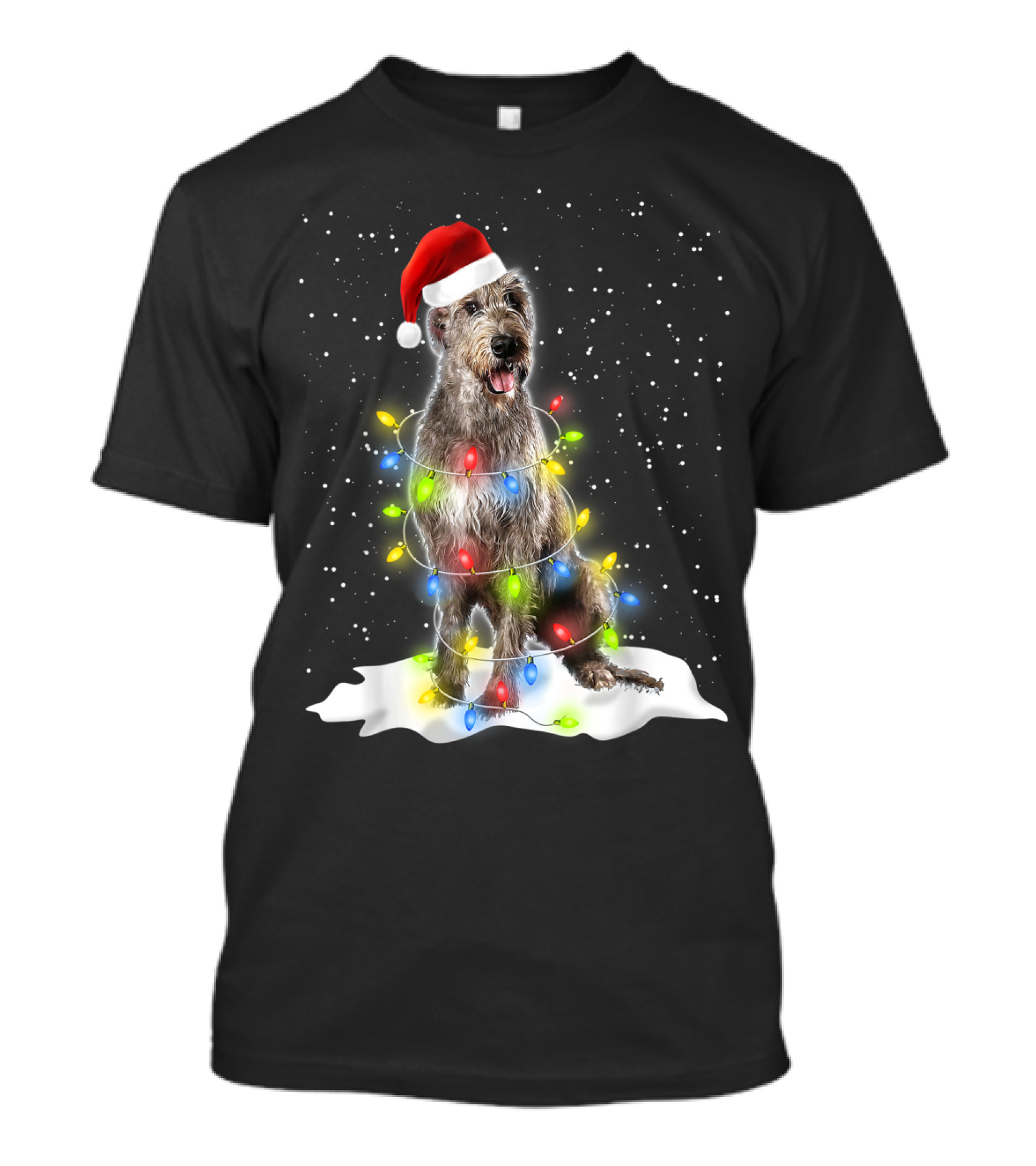 Scottish Deerhound Christmas Lights Santa Hat Snow Scene T-Shirt