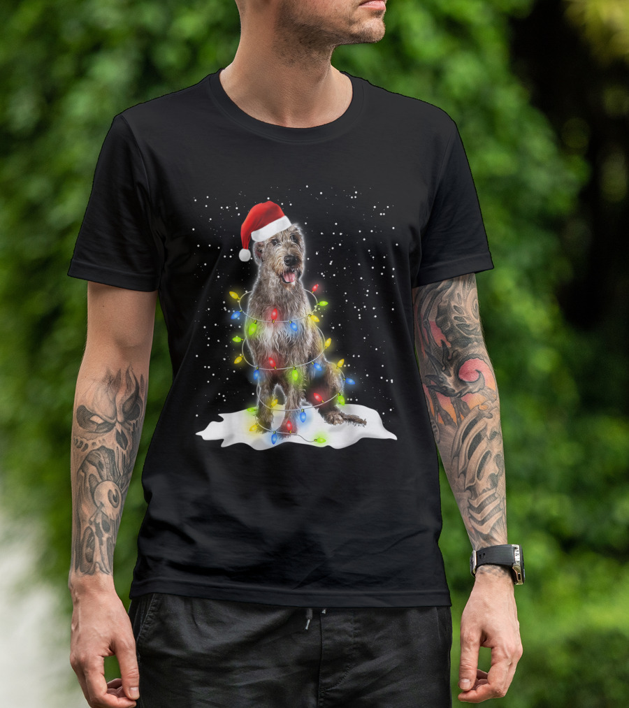 Scottish Deerhound Christmas Lights Santa Hat Snow Scene T-Shirt