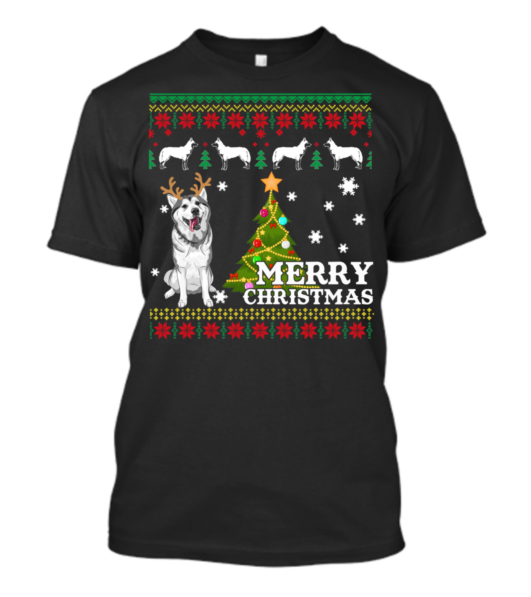 Merry Christmas Siberian Husky UglyChristmas Snowflakes Tree Reindeer Antlers T-Shirt